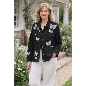Quacker Factory Black Denim Jacket Rhinestone Butterfly Embellished Size 2X